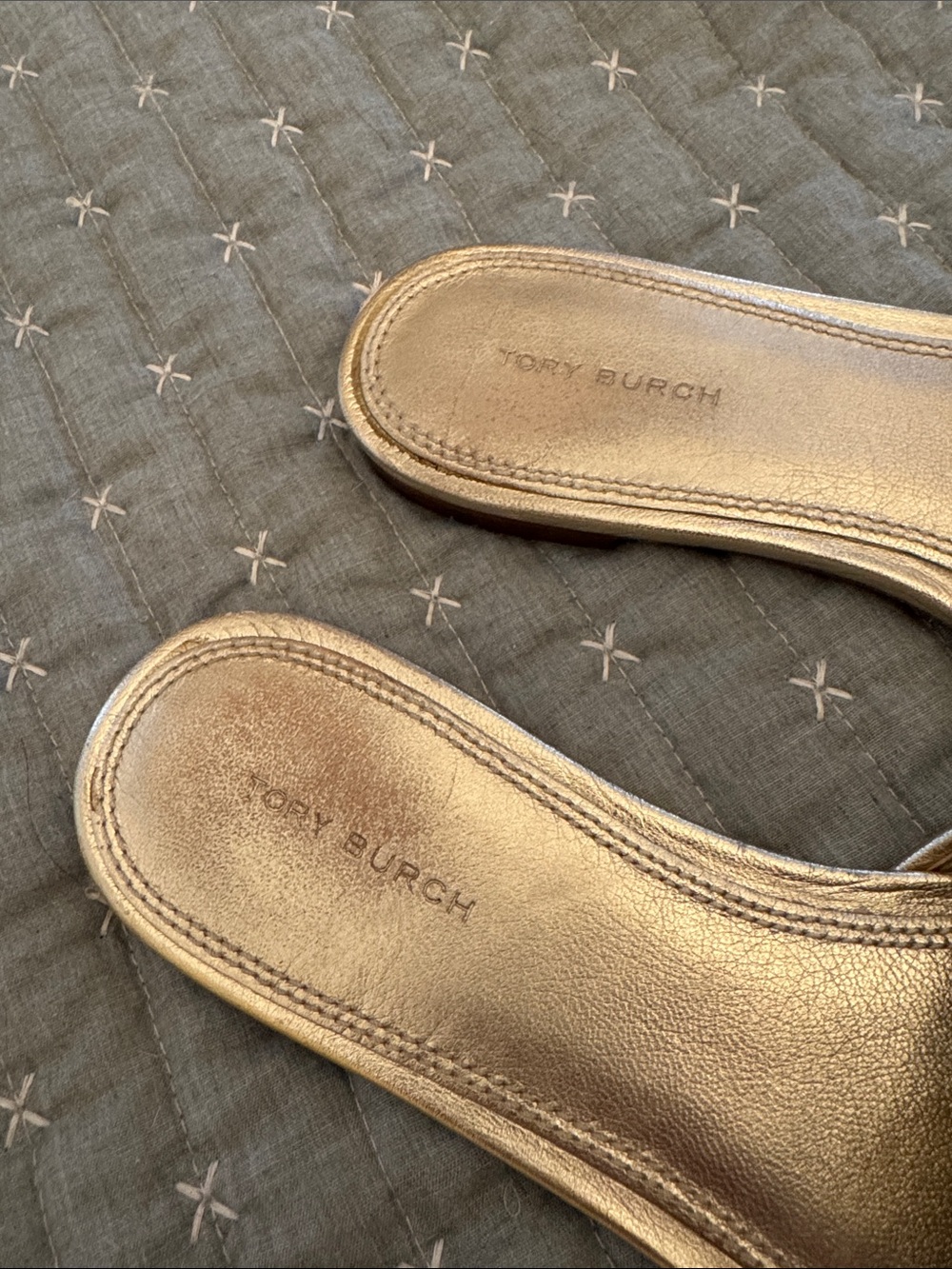 Tory Burch Gold Logo Slide Sandals - Metallic Leather - Picture 2 of 9
